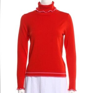 Pearl by Lela Rose Sweater Womens L Red Pink Turtleneck Pullover Ruffle Trim